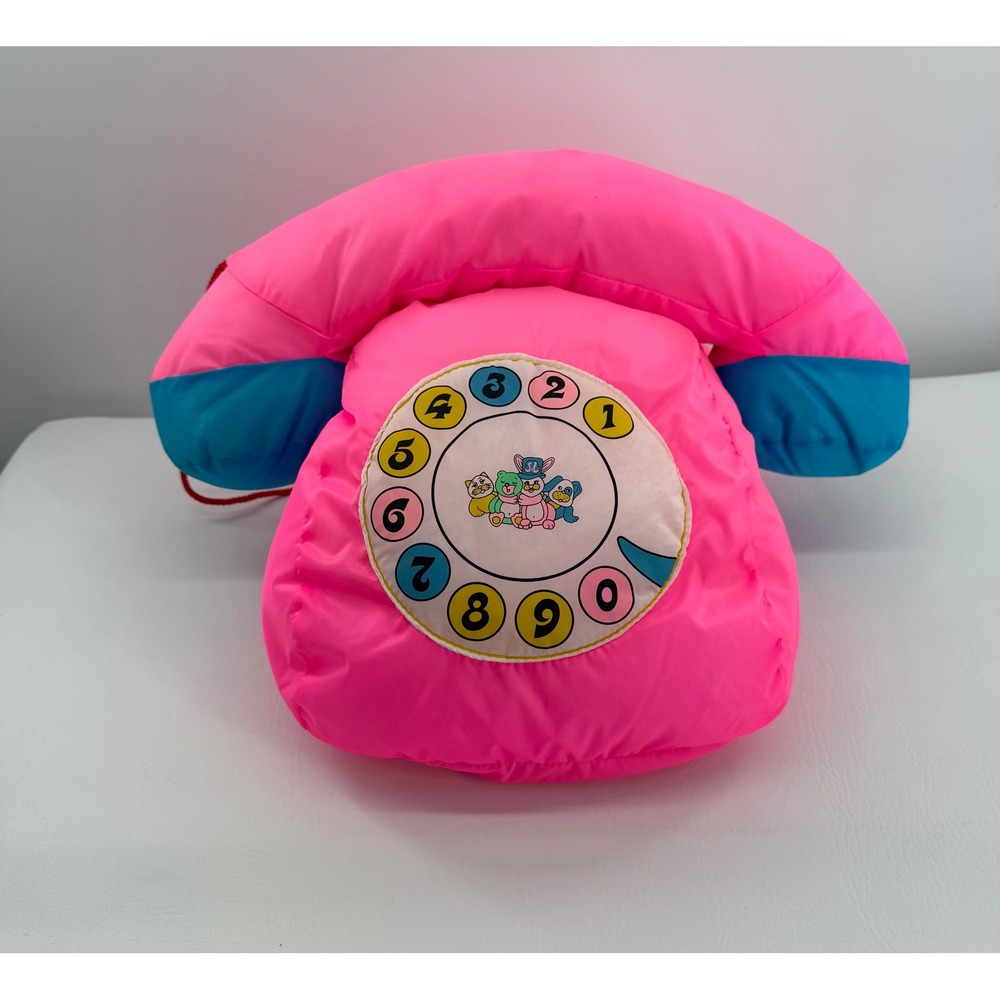 Vintage Nylon Telephone Pillow Kids Neon Pink Blue Rotary Dial Toy Plush New